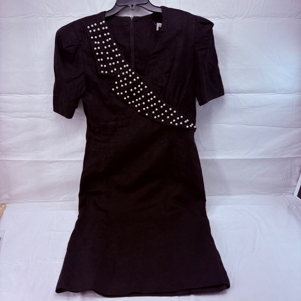 Vintage Black Linen Pearl Studded Sheath Dress Short Sleeve 80s 90s Size 14 4851